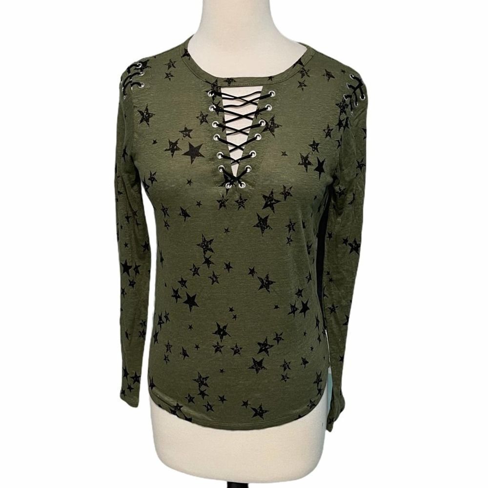 Generation Love Valentina Long Sleeve Lace Up Tee Star Print Green Extra Small - Picture 2 of 12